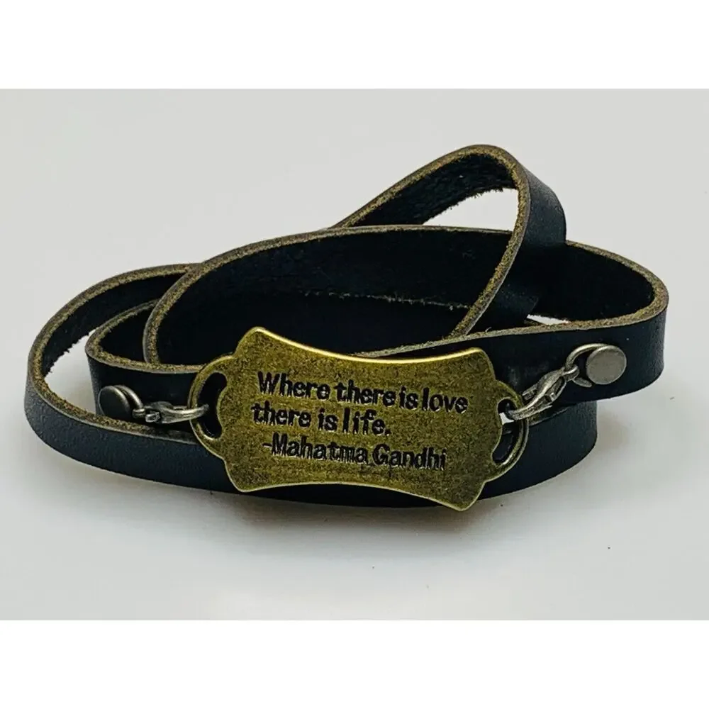 Brown Leather Wrap Bracelet with Mahatma Gandhi Saying